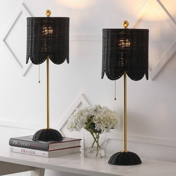 Celerie 27.5" Coastal Bohemian Rattan/Iron Scalloped Buffet LED Table Lamps with Pull Chain (Set of 2)